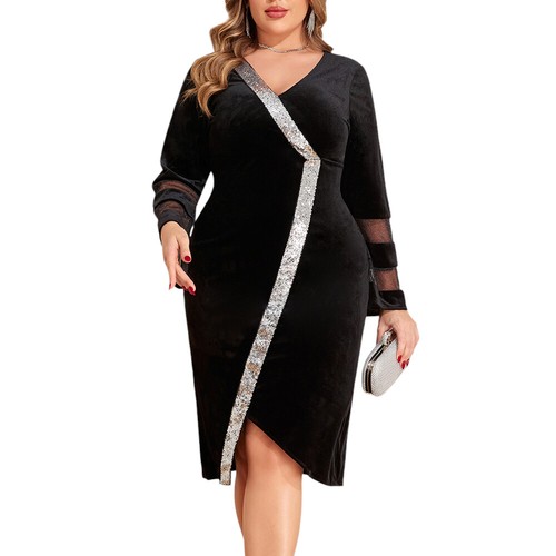 Plus Size Women Velvet V-Neck Midi Dress Ladies Flared Sleeve Party Ball Gown UK - Picture 9 of 15