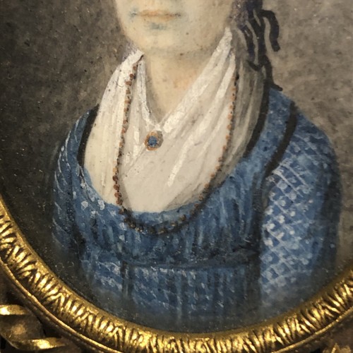 Antique French Miniature Portrait Painting Napoleonic Era Woman in Blue Dress - Picture 6 of 13