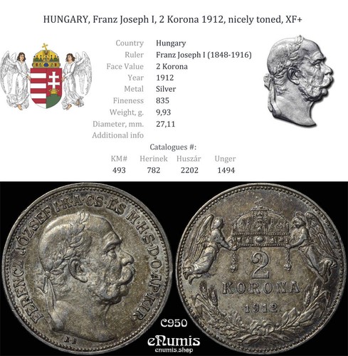 HUNGRÍA, Francisco José I, 2 coronas 1912, muy bien tonificado, XF+ - Imagen 2 de 4