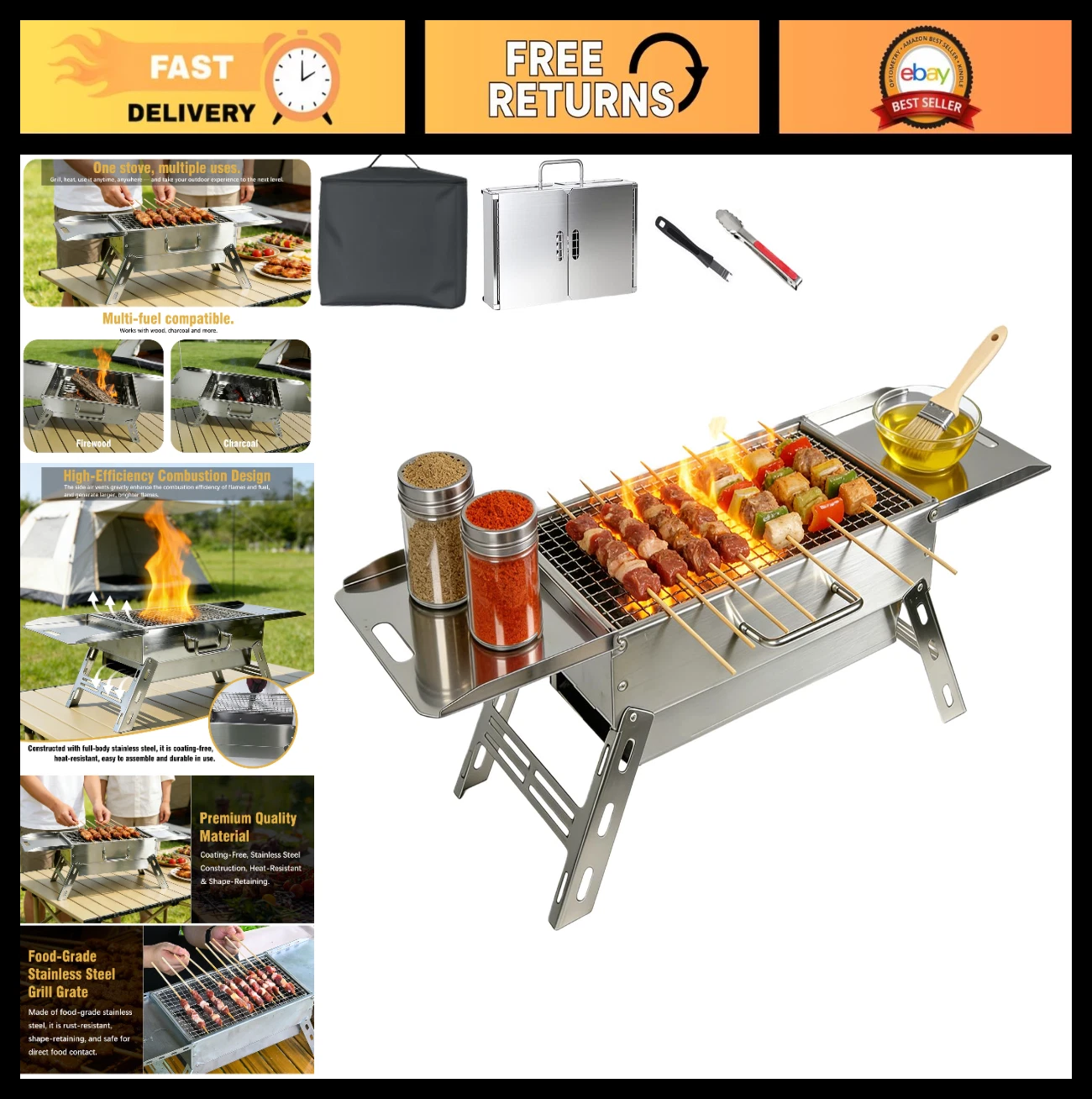 Portable Charcoal Grill - Foldable Stainless Steel Mini BBQ for Camping, Tailgat