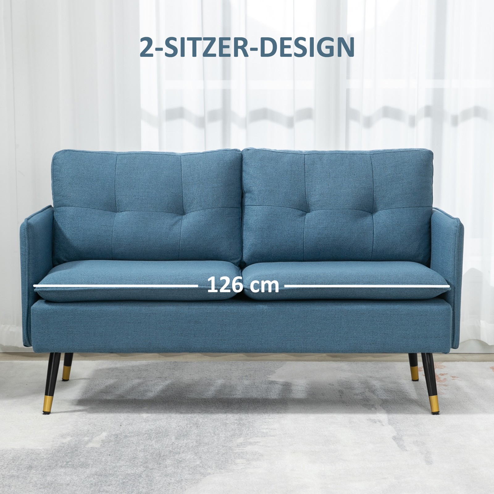 HOMCOM 2 Sitzer Sofa, Couch mit Dickem Kissen, Leinenoptik und Stahlbeine Blau