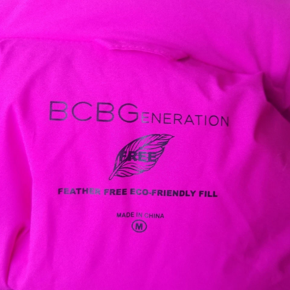 BCBG Womens Medium Puffer Vest Fuschia Barbie Pink Removable Hood Black Zipper - Image 4 of 4