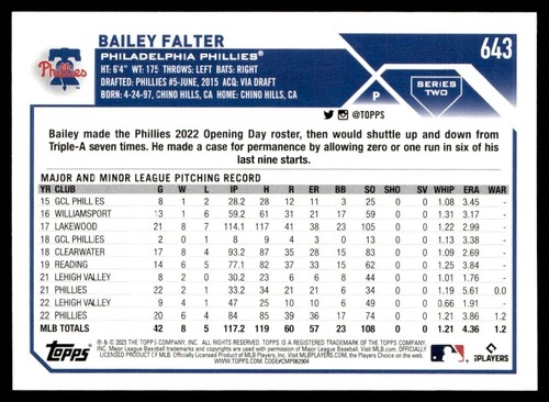 2023 Topps Bailey Falter Rookie Philadelphia Phillies #643 - Picture 2 of 2