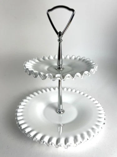 Vintage Fenton 2-Tier Milk Glass Pedestal Serving Stand Ruffled Crimped Edge
