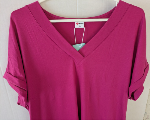 NWT Wiholl Size XL SS Wide V-neck Raspberry Pink Cap Sleeve Pullover T-shirt - Picture 2 of 5
