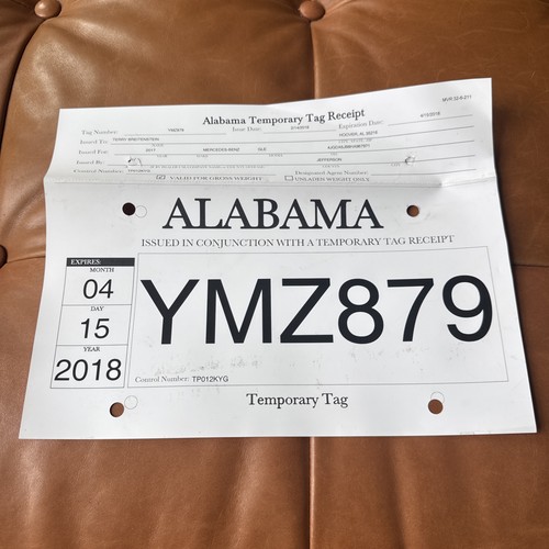 Vintage 2018 Alabama TEMP TAG License Plate 2017 Mercedes Benz April 15 YMZ 879