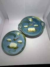 VTG Art Nouveau Zell Water Lily Majolica Pottery Bowl & Platter