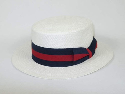 Sombrero para hombre Bruno Capelo Boater corona plana de paja natural BC631 blanco/rojo/azul - Imagen 4 de 9