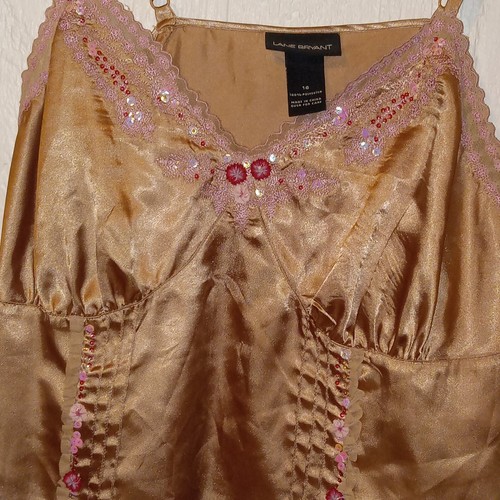 Lane Bryant Y2K Babydoll Top Size 14 Camisole Gold Satin Lace Trim  Romantic Vtg - Picture 5 of 8