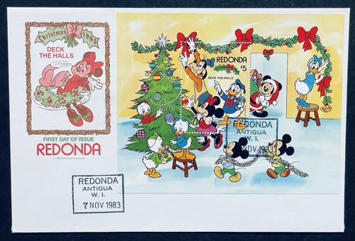 REDONDA DECK THE HALLS DISNEY CHRISTMAS STAMPS FDC SET 1983 MNH MICKEY GOOFY - Picture 2 of 4