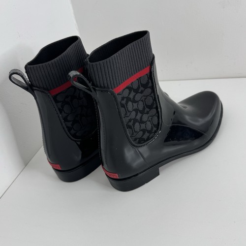 Botas de lluvia COACH Rivington de charol al tobillo tejidas ladrón talla 8 negras - Imagen 3 de 8