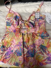 Time and Tru Women Swimsuit Top Front Tie TANKINI Watercolor Tropical Small 4-6