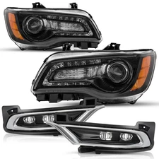 For 2015-2023 Chrysler 300 Black LED DRL Projector Headlights+Fog Lights LH+RH