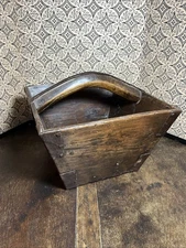 Old Vtg Primitive Antique Square Wooden Rice Bucket Metal Trim Homemade Nails