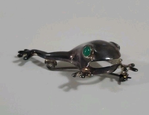 Sterling Silver Leaping Puffy Frog Brooch Pin Green Eyes 925 - Picture 3 of 8