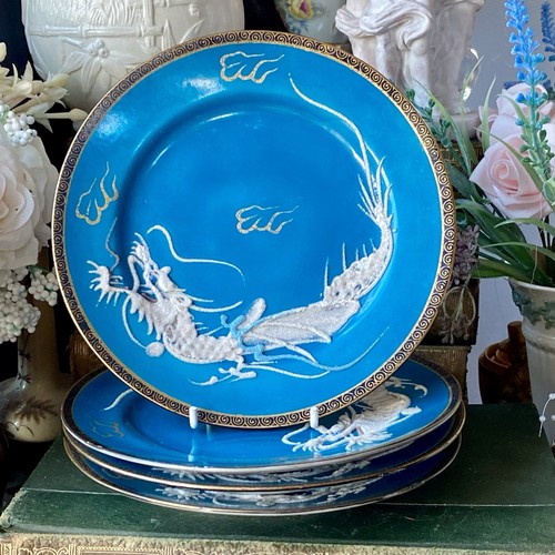 Japanese Hand Painted Plates x4 Dragon Ware Hand Painted HP by Hayasi Teal Blue - Picture 10 of 11