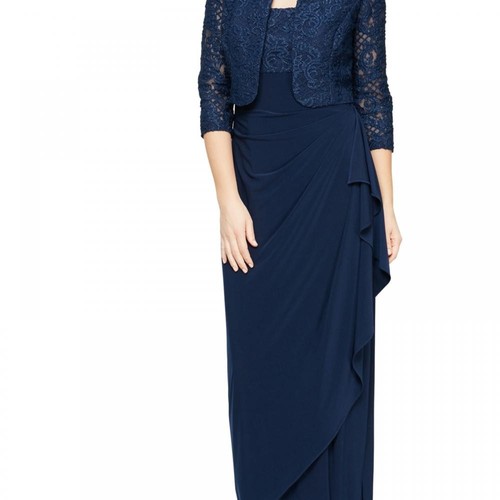 Alex Evenings Women Maxi Long Dress Half Sleeve Ruffle Solid Round Neck A3536 - Picture 3 of 20