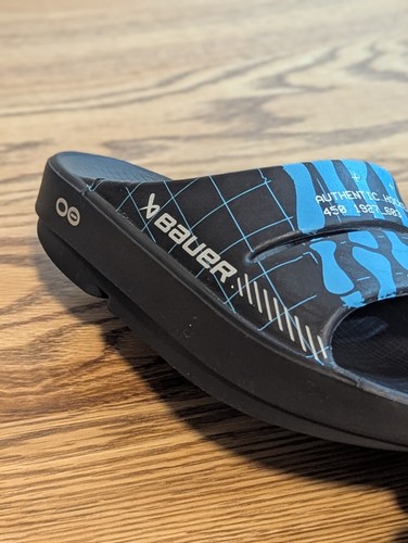 OOFOS OOahh Bauer Recovery Sandals Black Blue Slides Men's Size 4 Women's Size 6 - Picture 12 of 14