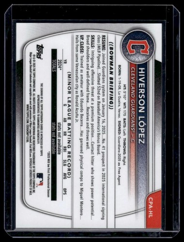 2025 Bowman Chrome Prospect Autograph - CPA-HL Hiverson Lopez Guardians (1st,AU) - Picture 2 of 2