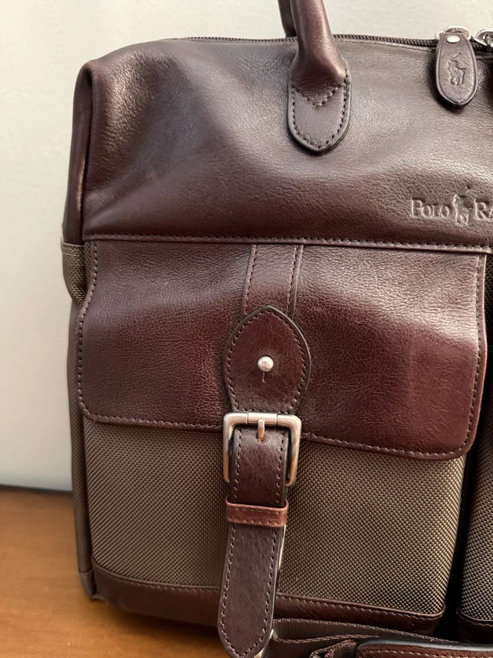 De Colección Polo Ralph Lauren Hombres Maletín Cartera Bolso Oliva Nylon Cuero Marrón Nuevo con Etiquetas Foto 4 de 4
