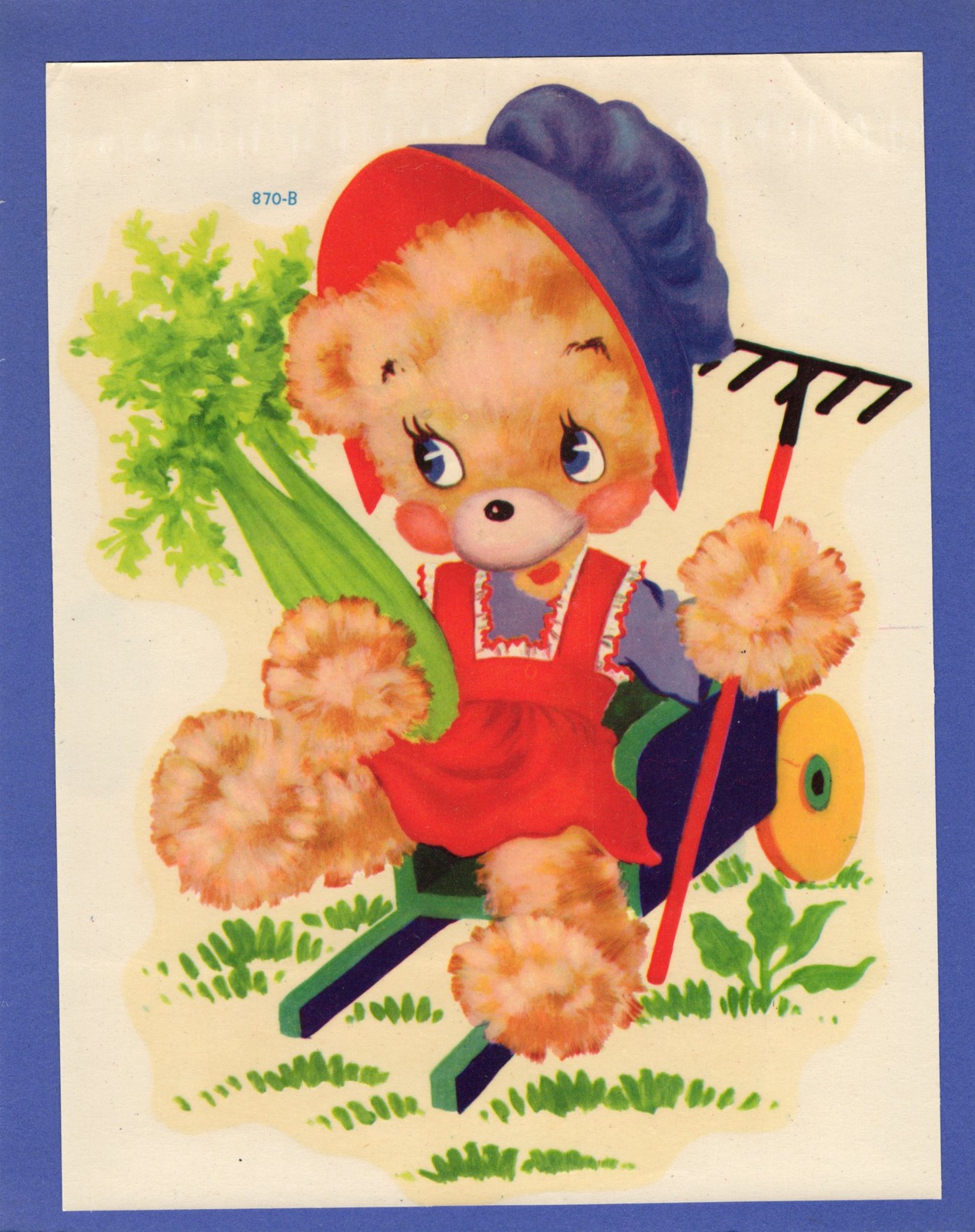 Vintage Meyercord Decal 870-B girl teddy bear in wheelbarrow gardening celery