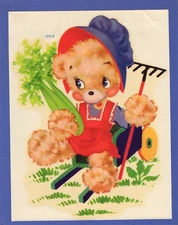 Vintage Meyercord Decal 870-B girl teddy bear in wheelbarrow gardening celery