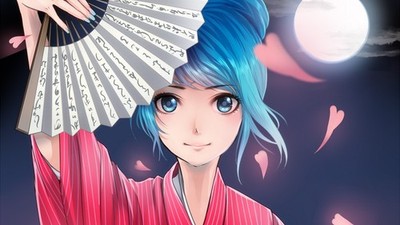 Anime girls blue hair asian eyes moon looking at viewer Custom Gaming Mat Desk