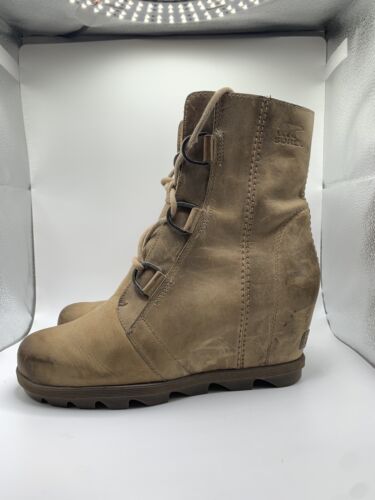 Sorel Women's 9.5 Joan Of Arctic Wedge II Chelsea Boots Beige Lace Up Nubuck - Picture 2 of 7