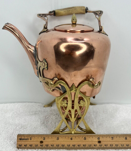 Antique German Copper and Brass Spirit Kettle, Horn Handle on Stand With Burner - Picture 16 of 16