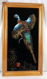 PHEASANT-BIRD-BLACK-VELVET-PAINTING-26-039-x-15-039-HUNTING-DECOR-jean-Austin-1977