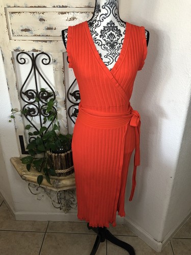 Milly orange knit wrap tie waist midi dress Has Re