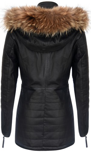 Women's Black Leather Parka Jacket Quilted Detachable Hooded Trench Coat - Picture 3 of 5