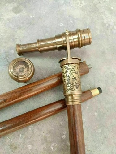 Walking Stick Cane DOLLOND LONDON Antique Telescope Handle & Compass - Picture 2 of 6