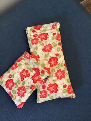 Handgefertigte gesteppte gepolsterte Brille + Spardose Etui Kuss Druckknopfverschluss Blume
