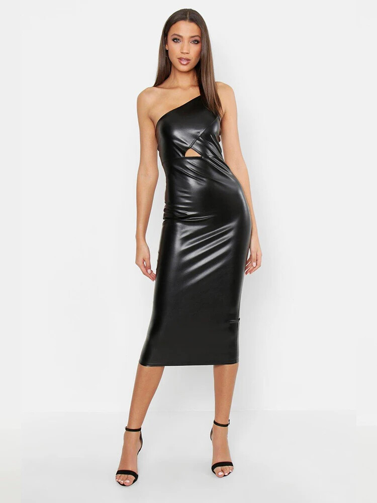 black leather one shoulder dress Matte Women Stretch PU Slim Sleeveless Dress Embellished Prom Dresses