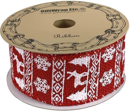 Fair Isle Christmas Tree Ribbon - 2 1/2" x 10 Yards, Wired Edge, White on Red - Picture 2 of 3
