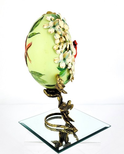 80s Hand Made Natural Egg/Easter Decoupage 3D Paper Dogwood Metal Base Cardinals - Picture 5 of 13