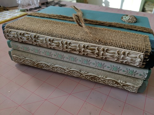 Decorative Books - Three Stacked Aqua/Turquoise Books w/ Embellishments  - Picture 2 of 6