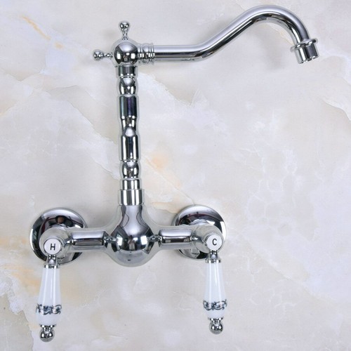 Grifo de lavabo de baño con manijas de cerámica dobles de montaje en pared de cromo pulido - Imagen 6 de 6