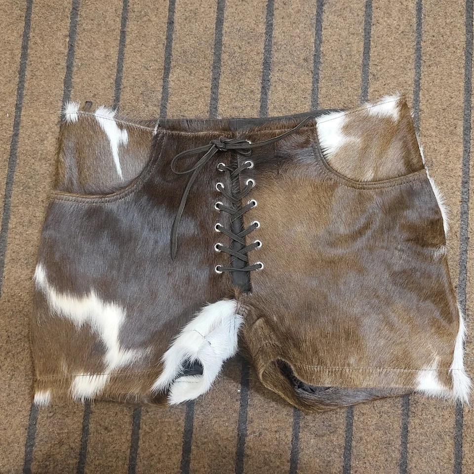 Bermuda feminina de couro bovino ocidental pele de pônei cabelo com cadarço boho festival calça - Imagem 4 de 4