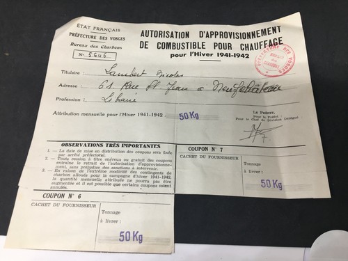 Brennstoffversorgungsgenehmigung Vogesen 1941 WWII