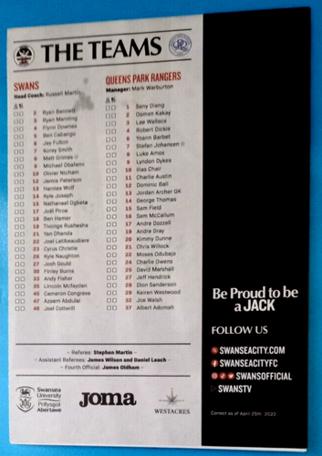 SWANSEA CITY v QUEENS PARK RANGERS 2021-22 CHAMPIONSHIP PROGRAMME - Picture 2 of 2