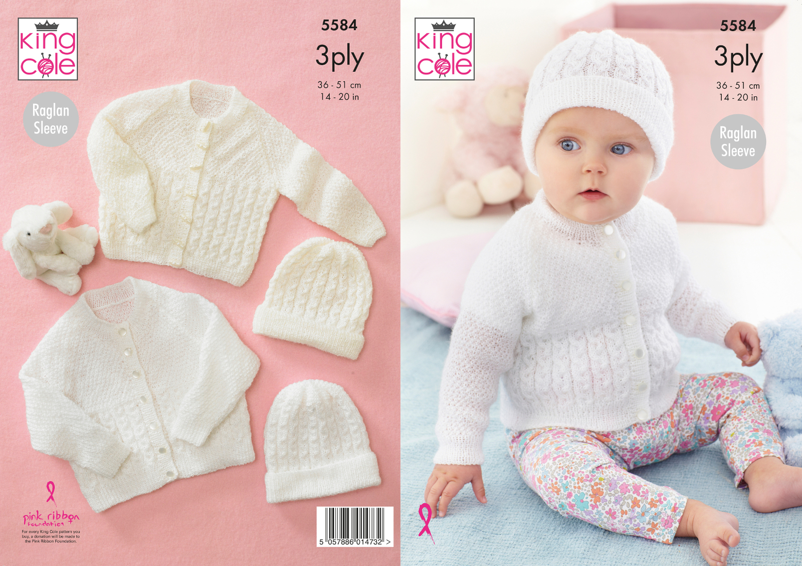 Baby Knitting Pattern Raglan Sleeve Cable Cardigan & Hat King Cole 3ply 5584