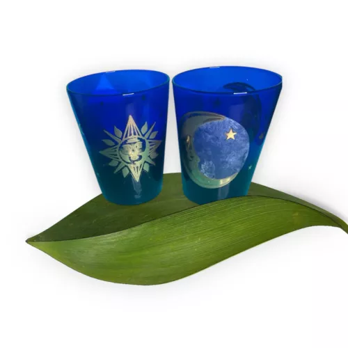 VTG Culver Cobalt Blue Celestial Sun & Moon w/Stars Glass Set of 2 Made in USA