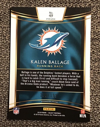 Miami Dolphins - Kalen Ballage - 2018 Panini Select Prizm #49 serial #'d /199 RC - Picture 2 of 2
