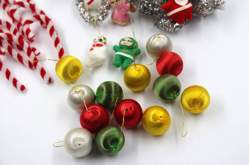 Vtg Lot of 37 Flocked Kitschy Mini Christmas Ornaments Santa Elf Satin Balls - Picture 7 of 12
