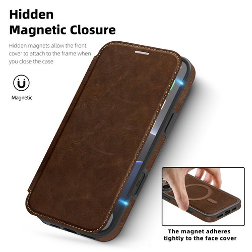 Custodia magnetica per iPhone 16 15 14 Pro Max 16E 13 Magsafe flip cover in pelle - Foto 2 di 18