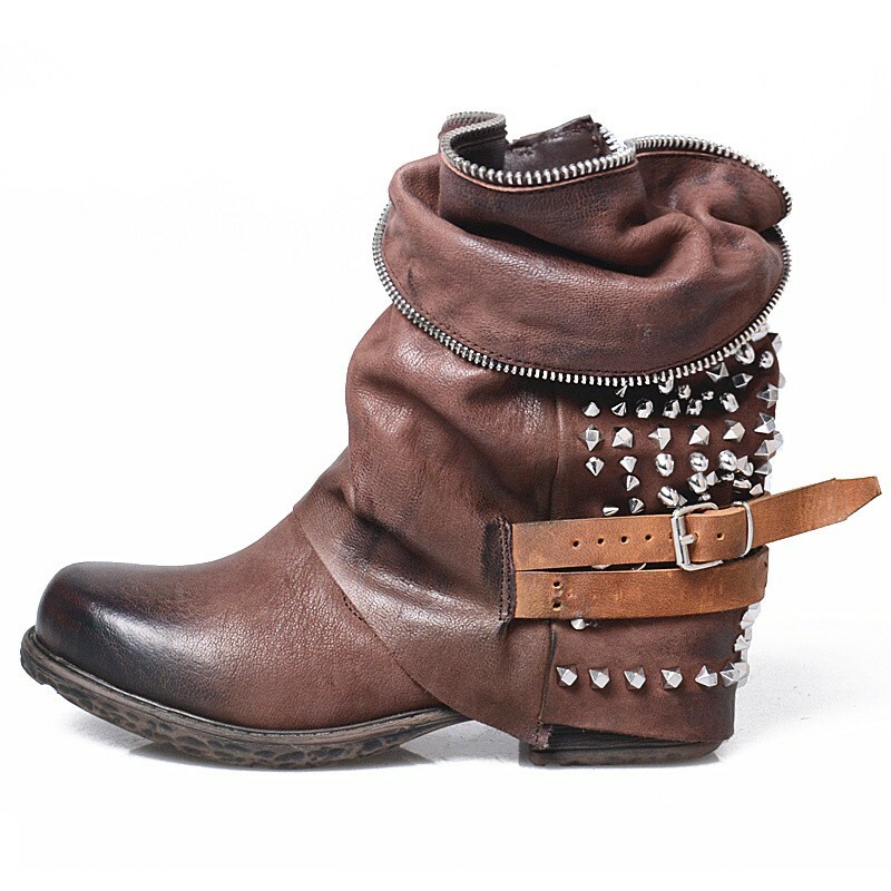 Damen Cowboy Punk Nieten Blockabsatz Echtleder Eckig Reißverschluss Stiefeletten Damen Cowboy Punk Nieten Blockabsatz Echtleder Eckig Reißverschluss Stiefeletten