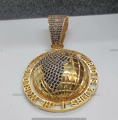 14K Yellow Gold Plated 2 Ct Lab-Created Sapphire The World Is Yours" Map Pendant - Picture 7 of 12