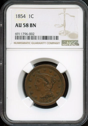 NGC - Braided Hair Large Cent - 1c - 1854 - AU-58-BN